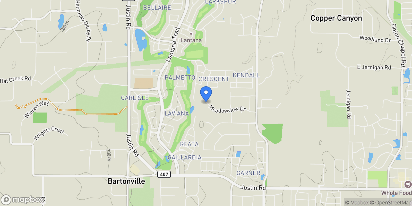 Map showing 385 Meadow View Drive, Lantana, Texas, United States.
