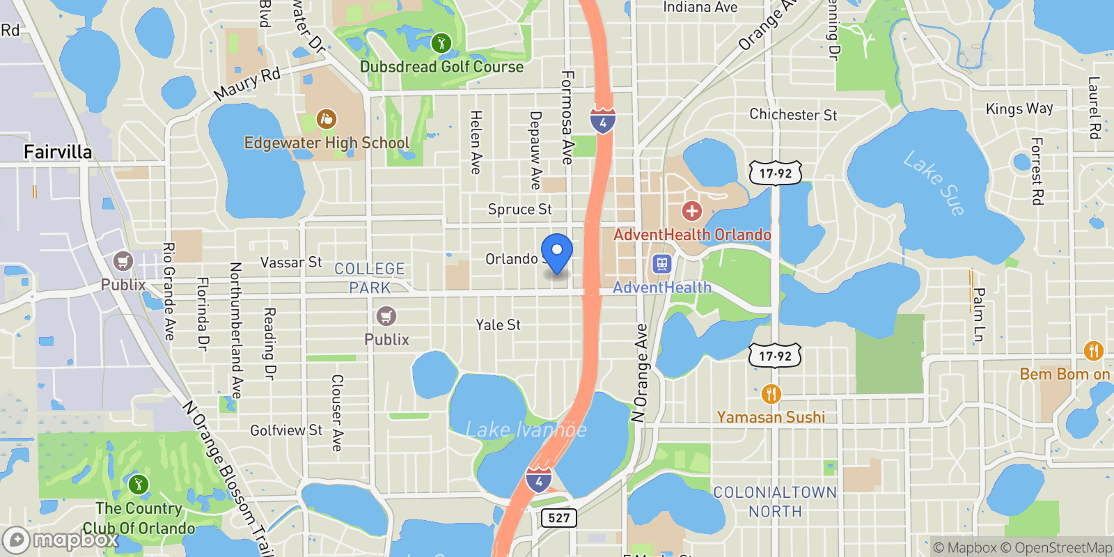 Map showing 2219 Musselwhite Avenue, Orlando, FL 32804, Eatonville, Florida, United States.