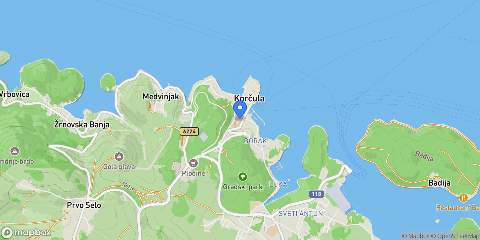 Map showing Korčula, Croatia, Gradski kotar Stari grad, Korcula, Dubrovnik-Neretva County.