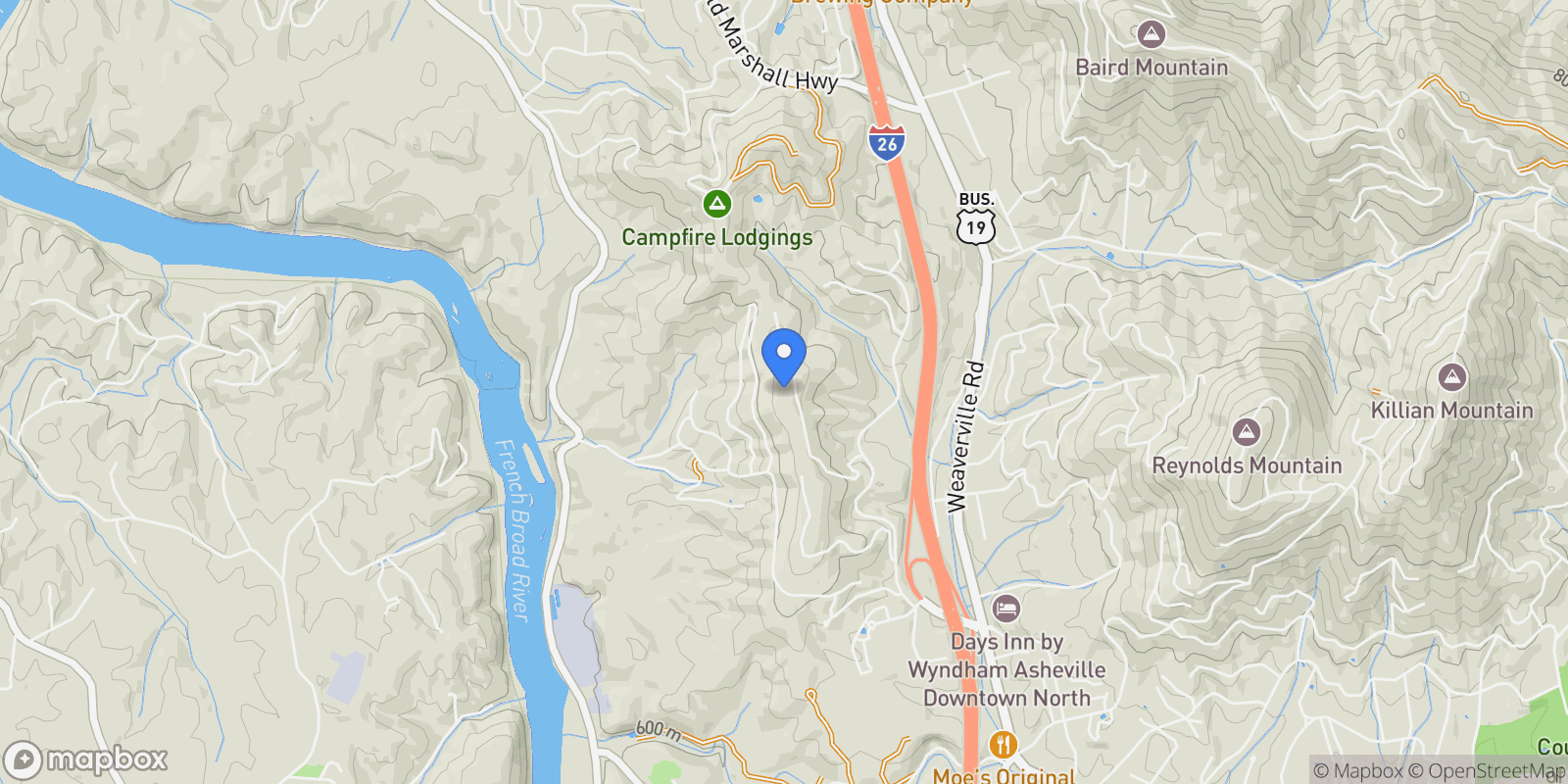 Map showing 82 Running Ridge Road, Asheville, NC 28804, Asheville, North Carolina, United States.