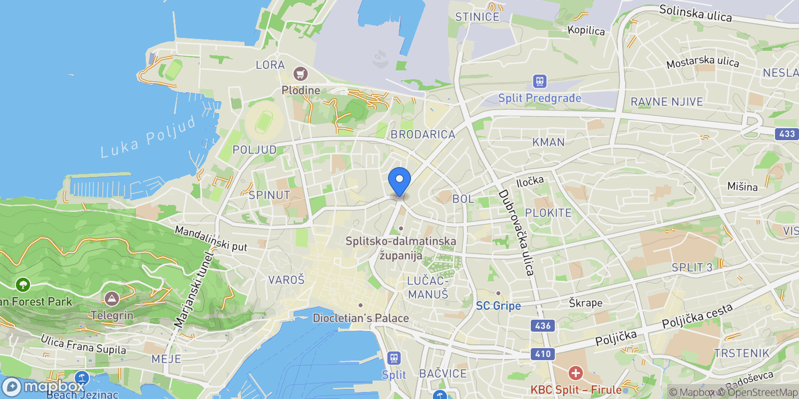 Map showing Split, Croatia, Gradski kotar Grad, Split, Split-Dalmatia County.
