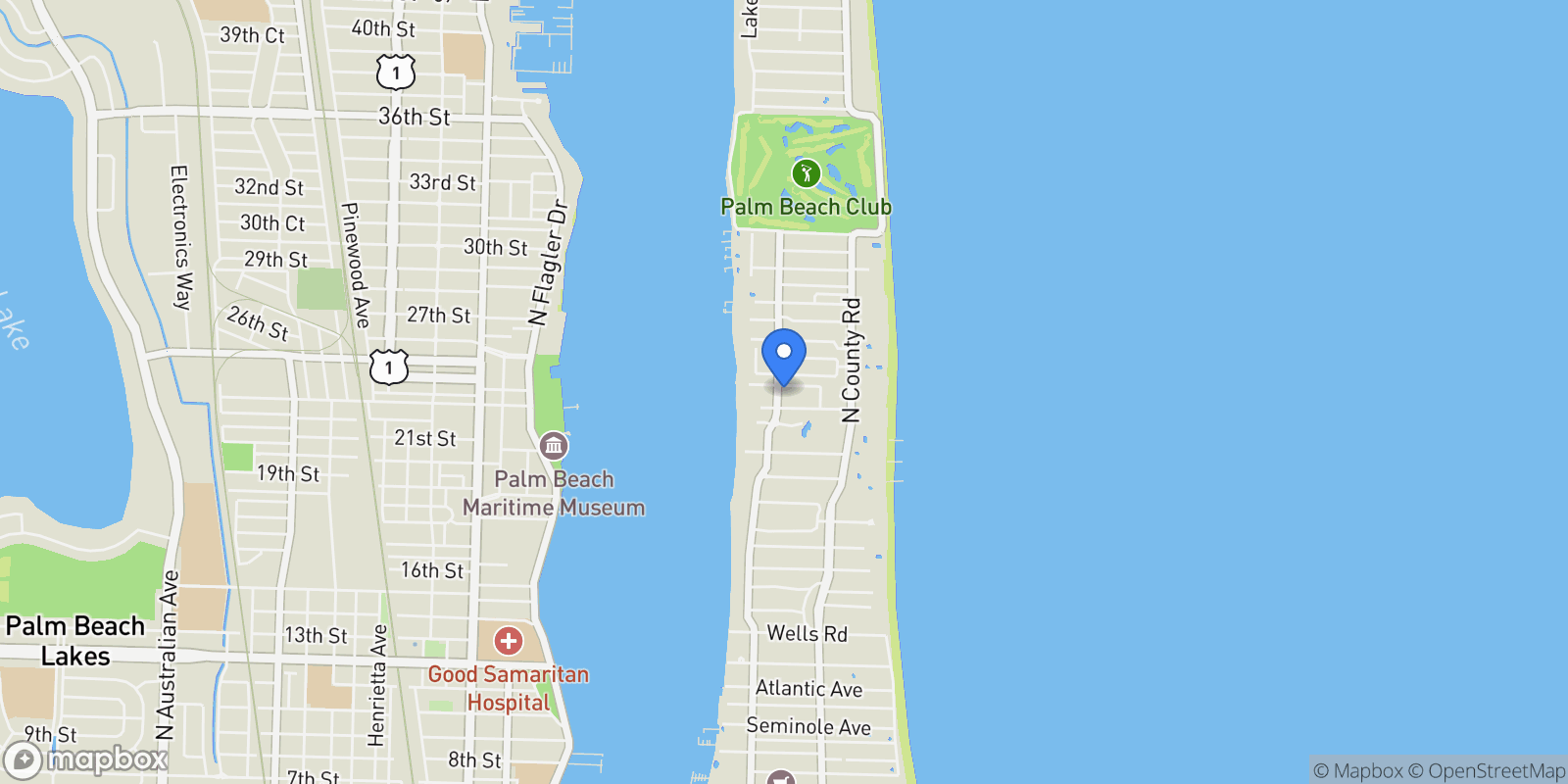 Map showing 583 N Lake Way, Palm Beach, Florida, United States.
