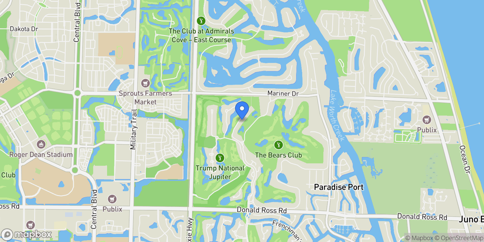 Map showing 131 W Bears Club Drive, Jupiter, Florida, United States.