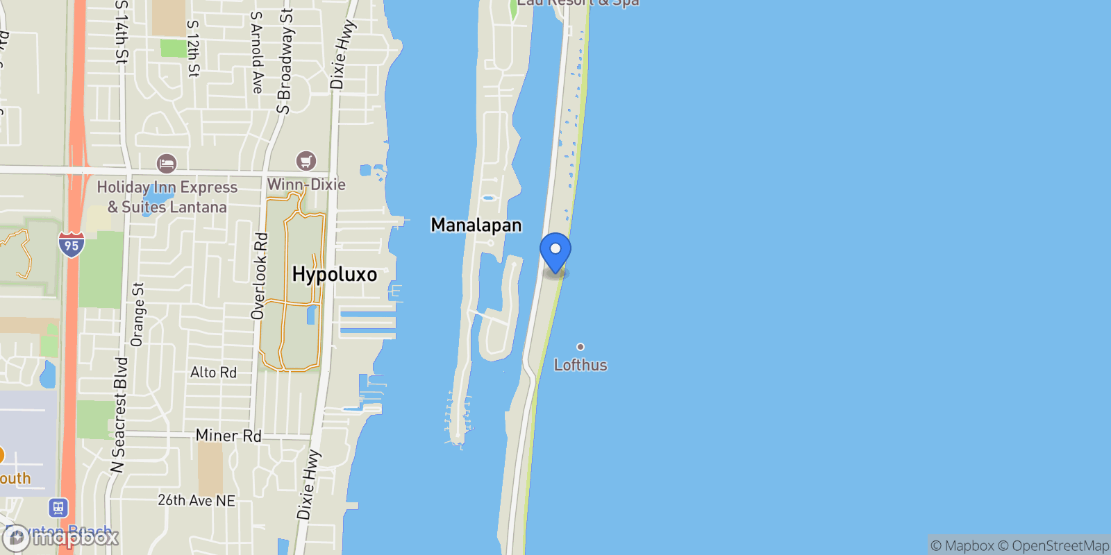 Map showing 1280 S Ocean Boulevard, Manalapan, Florida, United States.