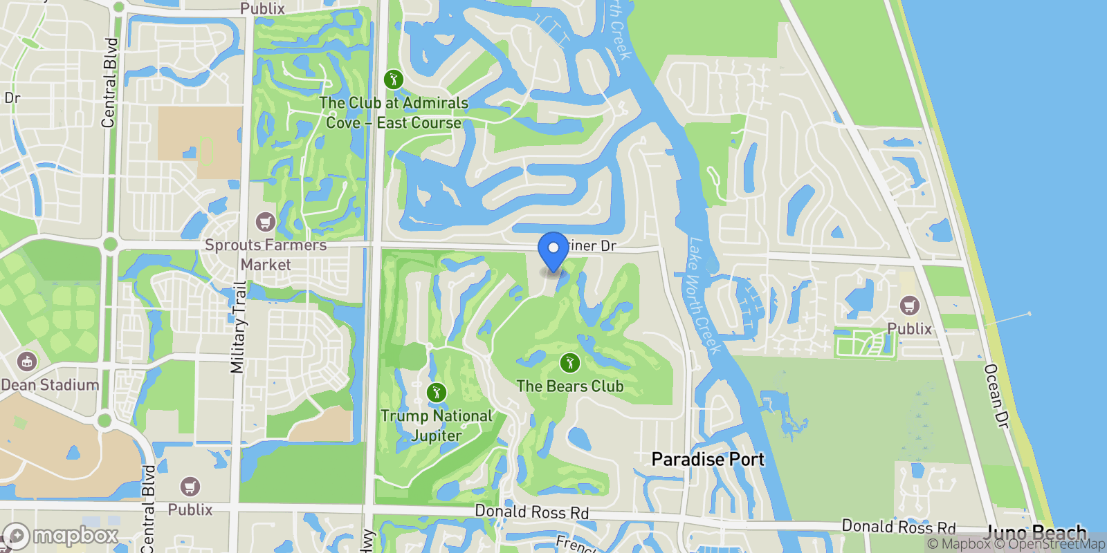 Map showing 228 Bears Club Drive, Jupiter, Florida, United States.