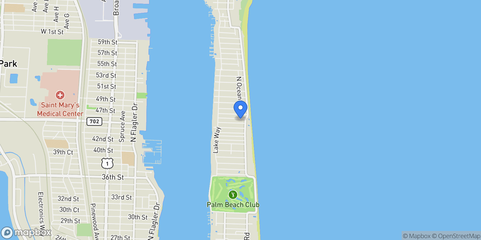 Map showing 216 Colonial Lane, Palm Beach, Florida, United States.