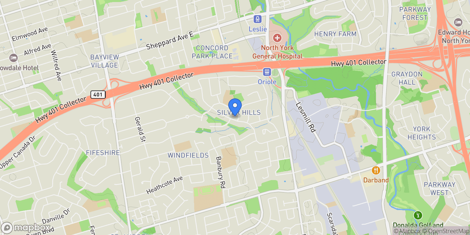 Map showing 77 Bannatyne Drive, Toronto, ON M2L 2P2, Toronto, Ontario, Canada.