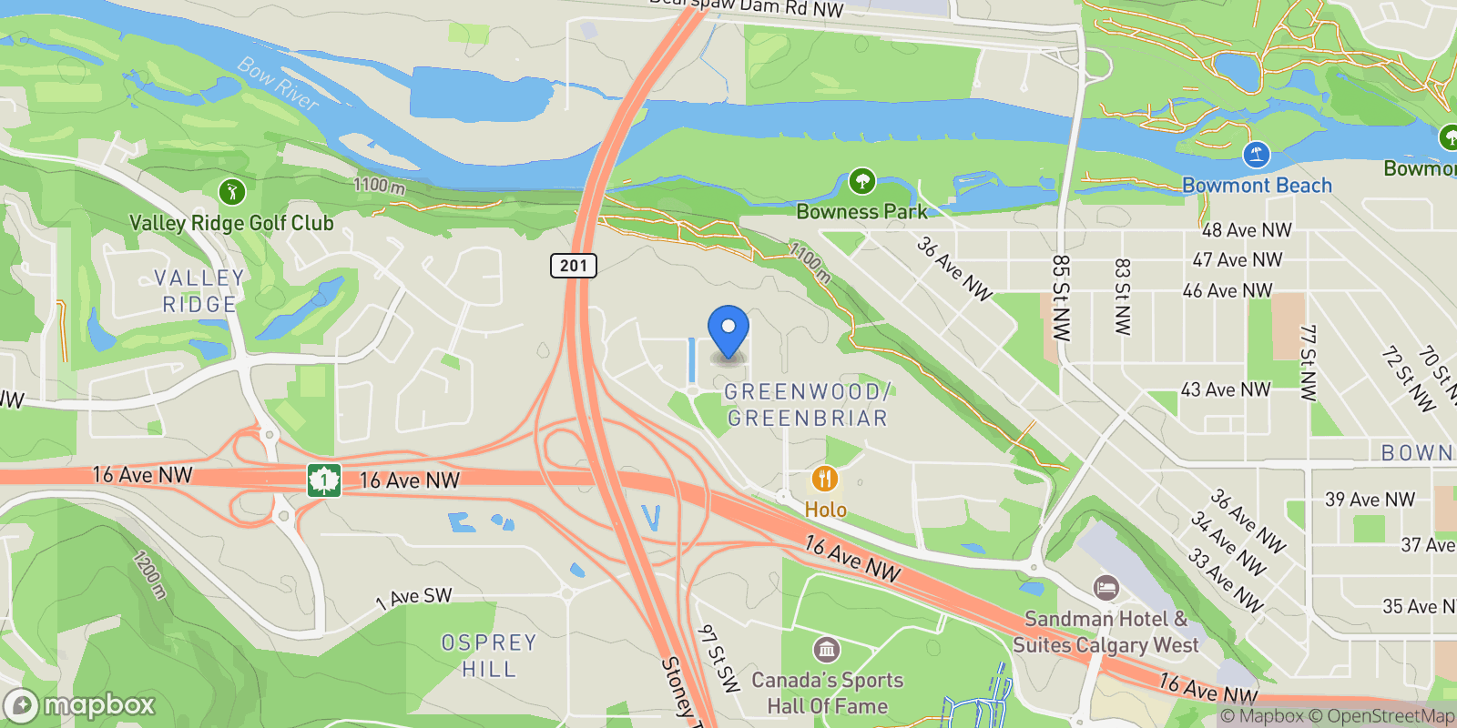 Map showing 30 Greenwich ROW NW, Calgary, AB, T3B 6P4, CANADA, Calgary, Alberta, Canada.