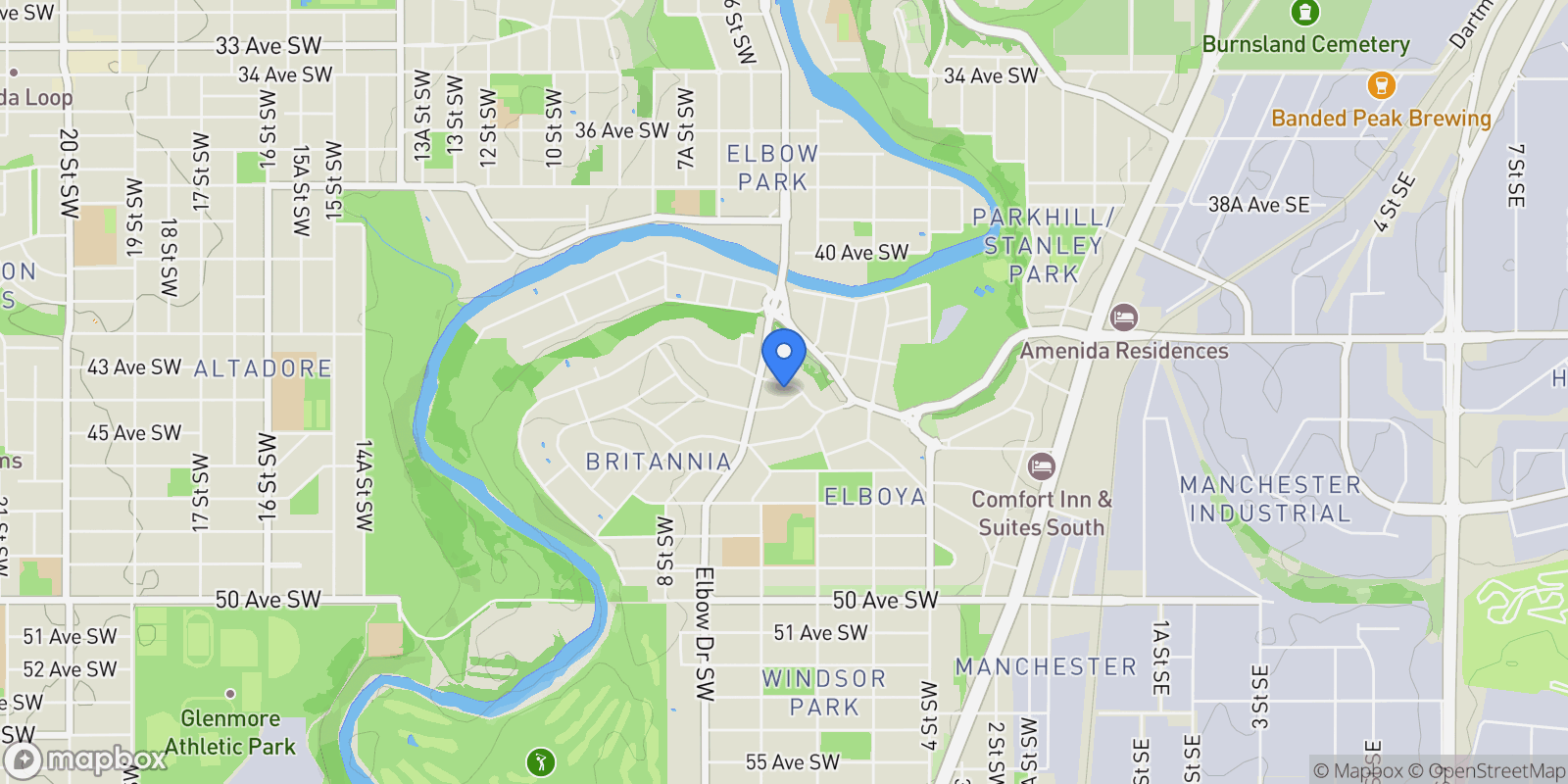 Map showing 625 Britannia DRIVE SW, Calgary, AB, T2S 1J2, CANADA, Calgary, Alberta, Canada.