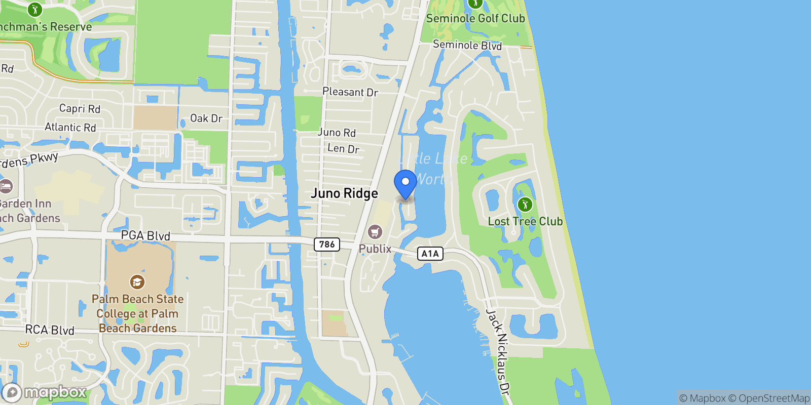 Map showing 11721 Lake Shore Place, North Palm Beach, Florida, United States.
