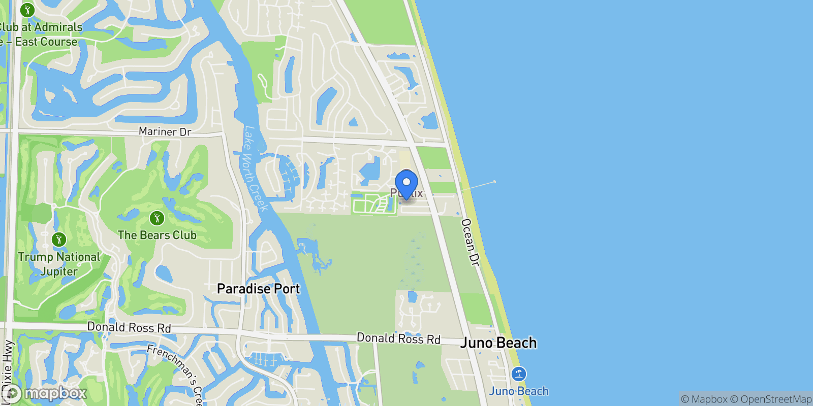 Map showing 138 Ocean Breeze Drive, North Palm Beach, Florida, United States.