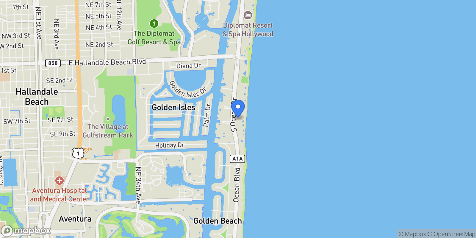 Map showing 2030 S Ocean Drive, Hallandale Beach, Florida, United States.