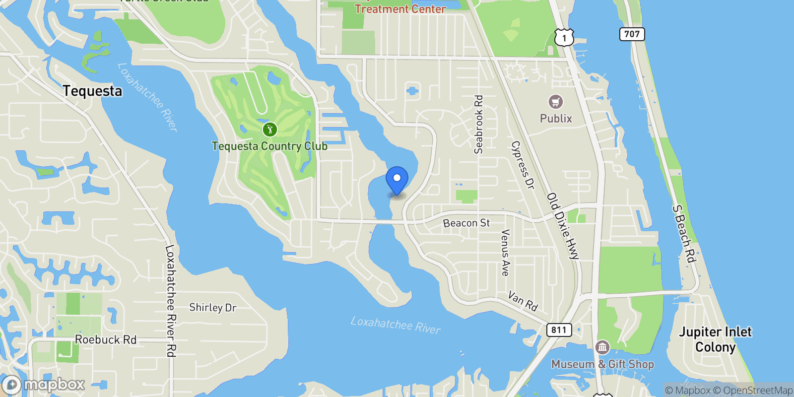 Map showing 19223 Riverside Drive, Tequesta, Florida, United States.