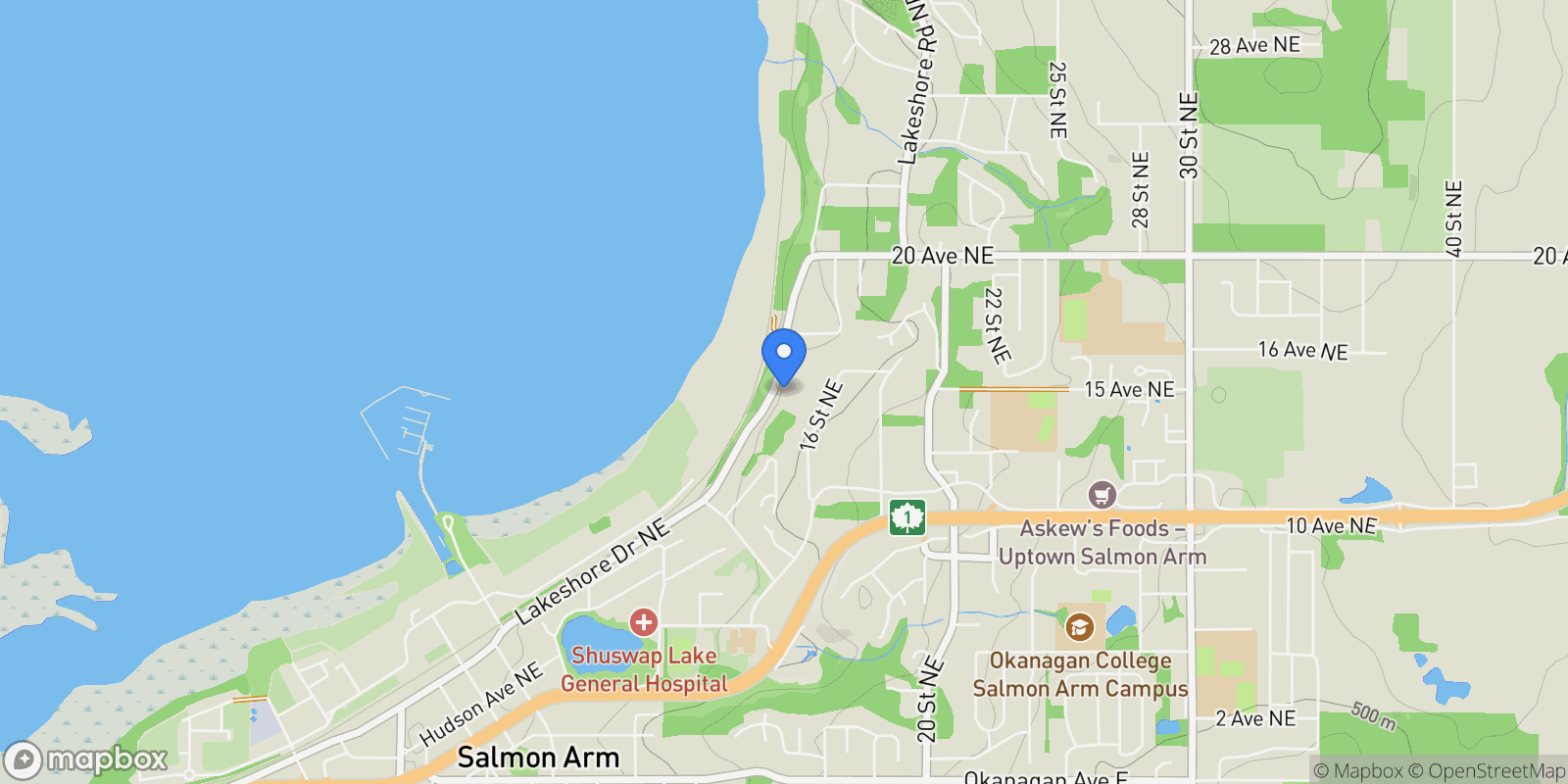 Map showing 1430 Lakeshore Road NE, Salmon Arm, BC V1E 2V7, Salmon Arm, British Columbia, Canada.
