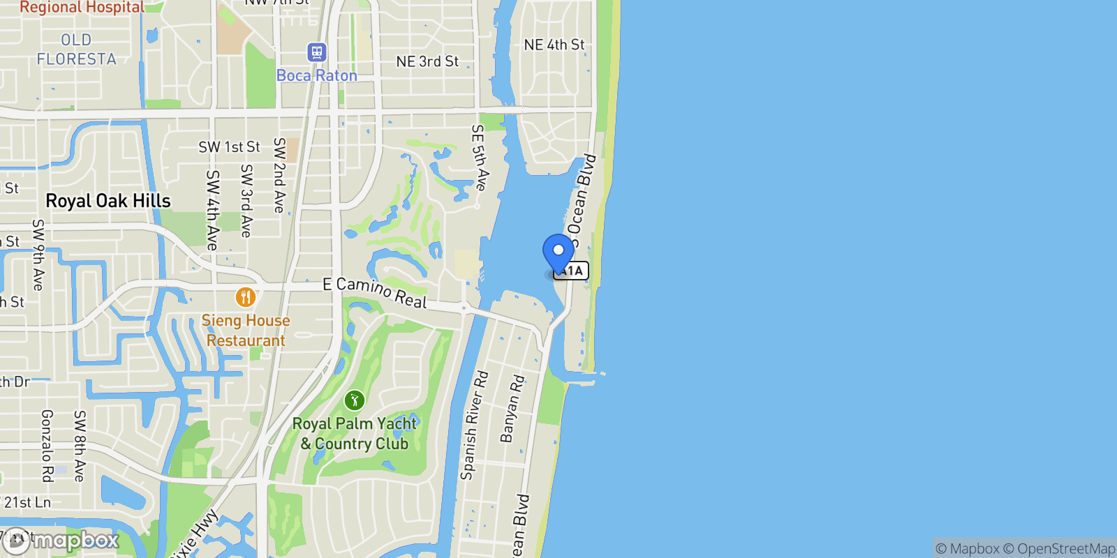 Map showing 725 S Ocean Boulevard, Boca Raton, Florida, United States.