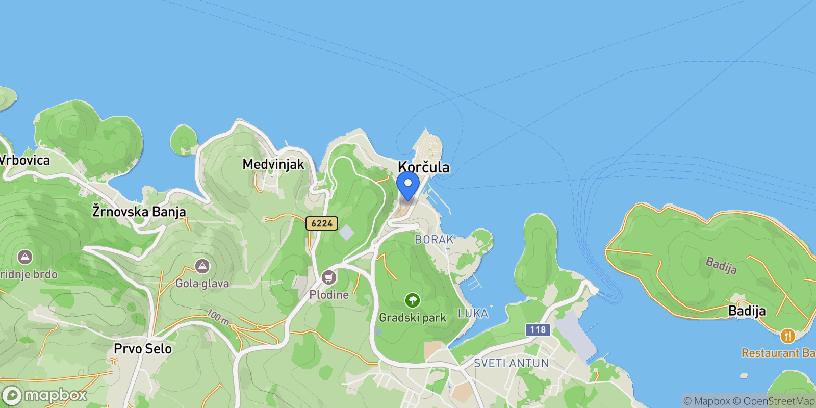 Map showing Korčula, Croatia, Gradski kotar Stari grad, Korcula, Dubrovnik-Neretva County.