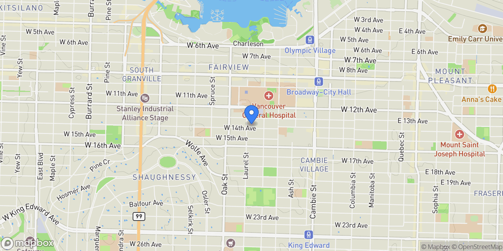 Map showing 875 W 14th Avenue, Vancouver, British Columbia, Canada.