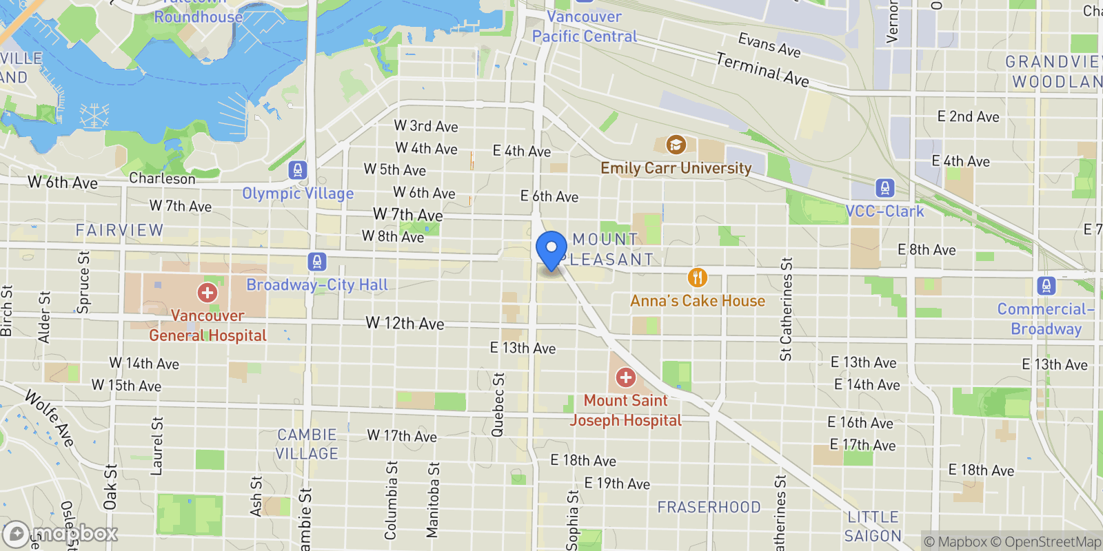 Map showing 285 E 10th Avenue 1812, Vancouver, British Columbia, Canada.