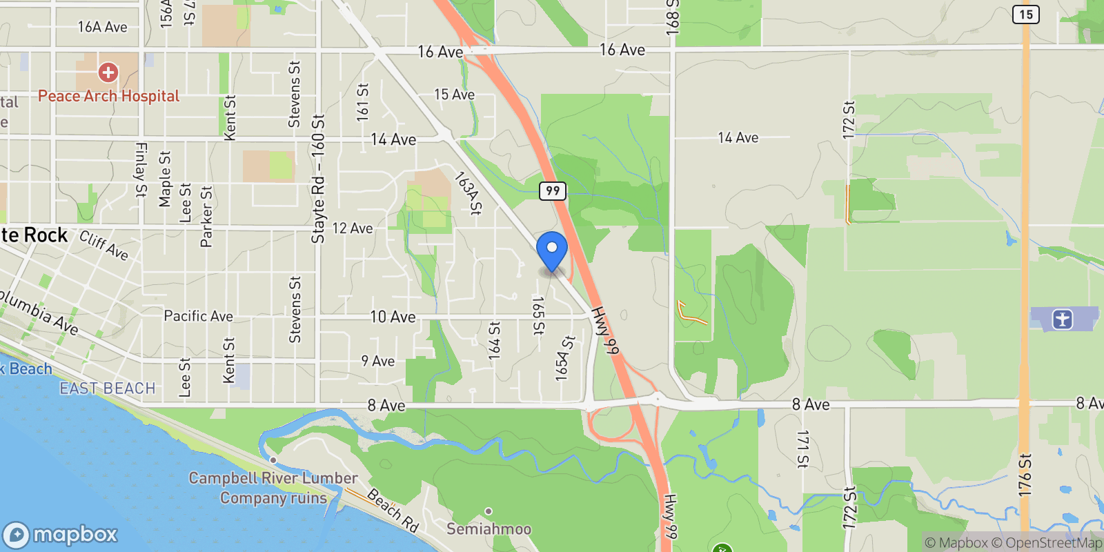 Map showing 1085 King George Boulevard, Surrey, British Columbia, Canada.