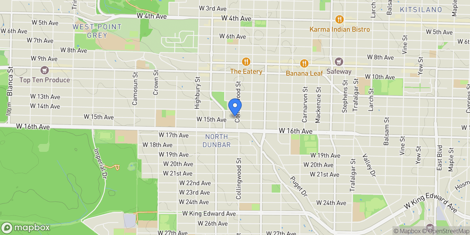 Map showing 3511 W 15th Avenue, Vancouver, British Columbia, Canada.