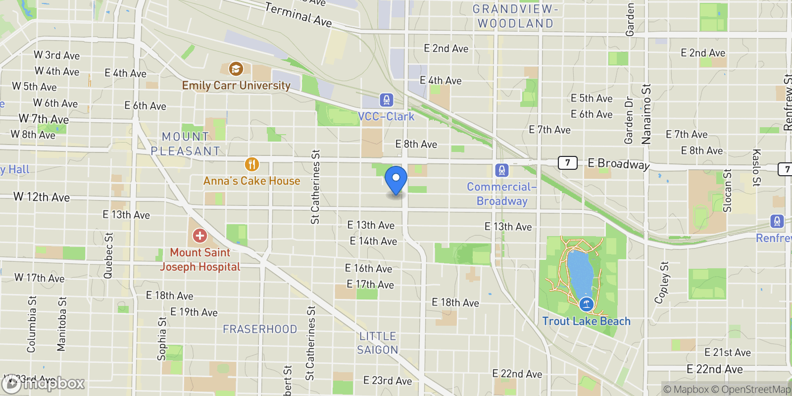 Map showing 1254 E 11th Avenue, Vancouver, British Columbia, Canada.