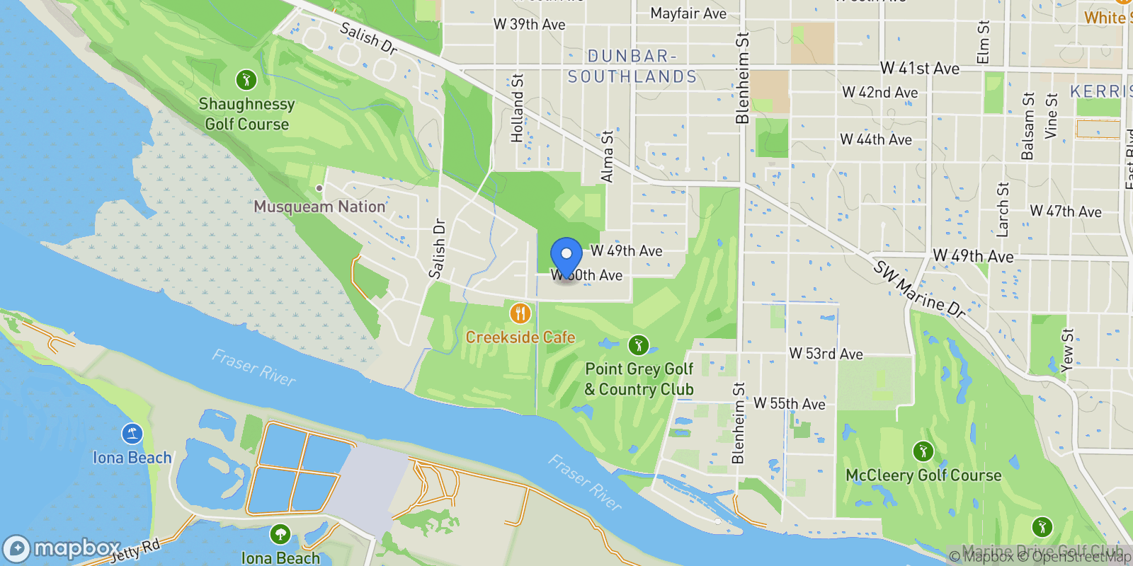 Map showing 3838 W 50th Avenue, Vancouver, British Columbia, Canada.