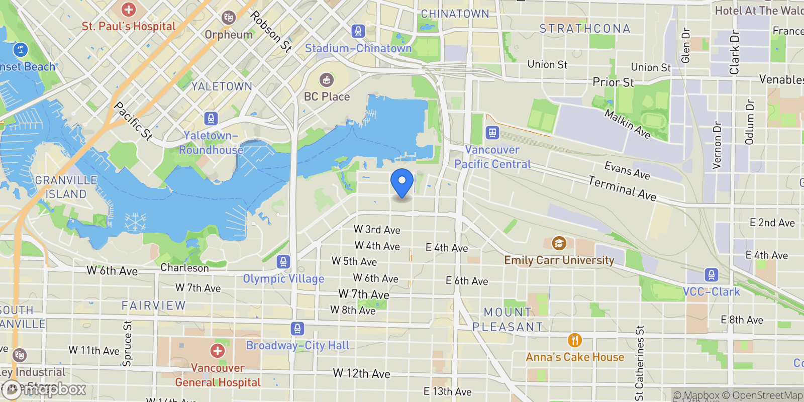 Map showing 66 W 1st Avenue, Vancouver, British Columbia, Canada.