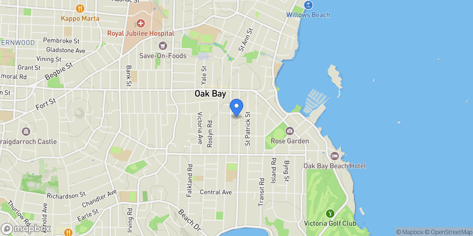 Map showing 1256 Oliver St, Oak Bay, British Columbia, Canada.