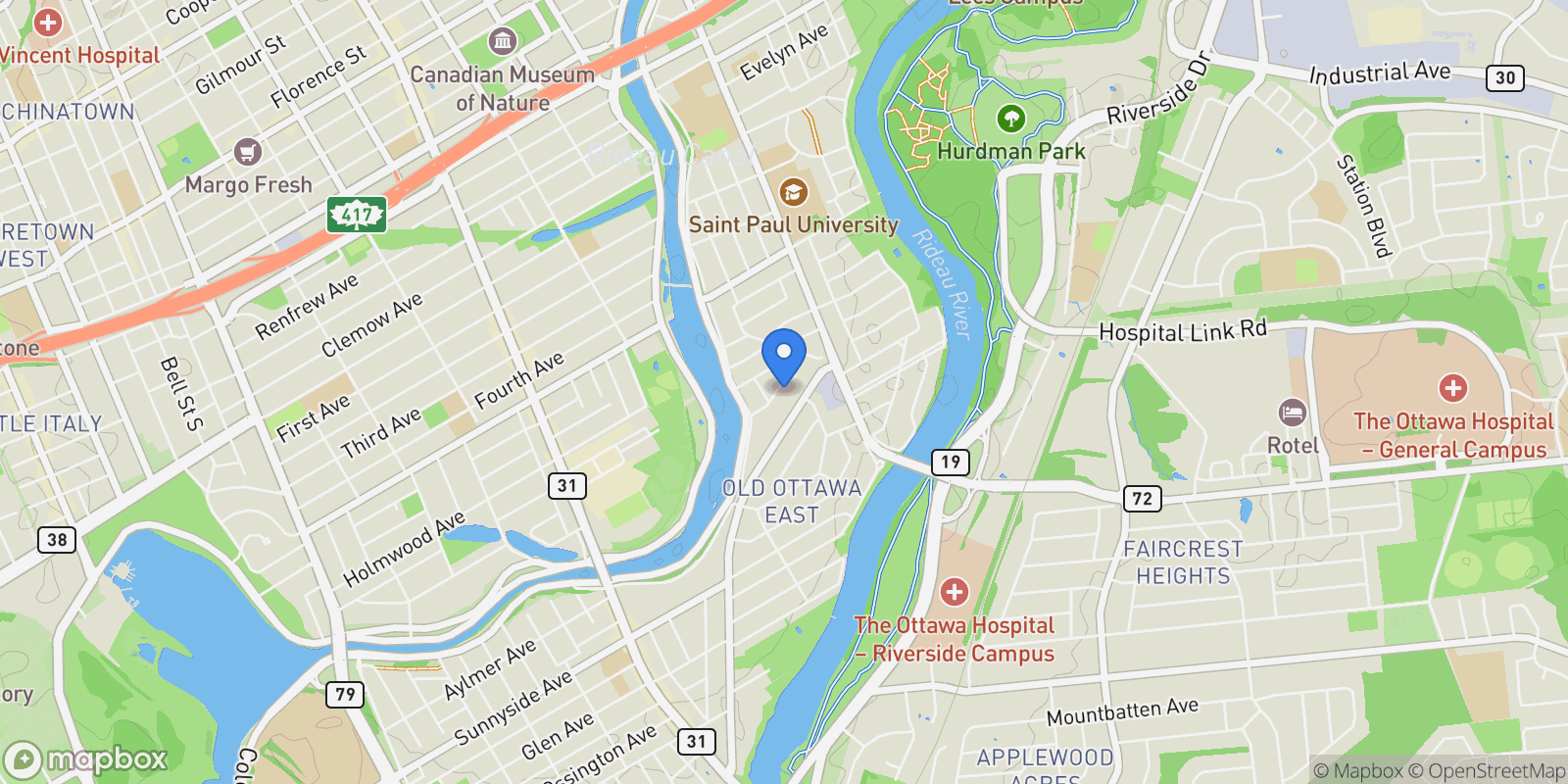 Map showing 22 Mount Pleasant Avenue, Ottawa, Ontario, Canada.