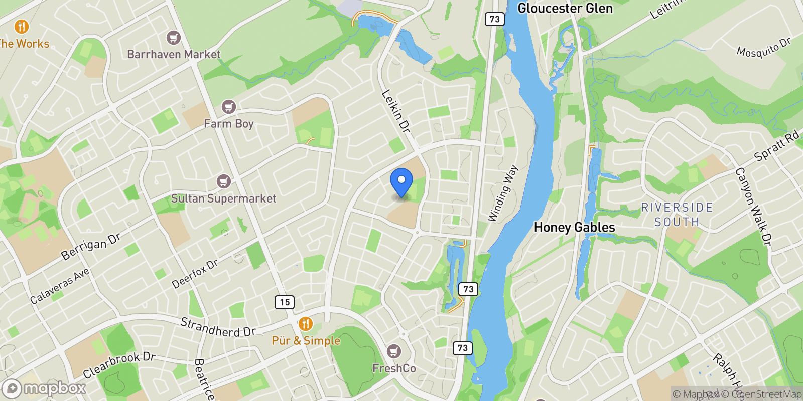 Map showing 98 Anfield Crescent E, Ottawa, Ontario, Canada.