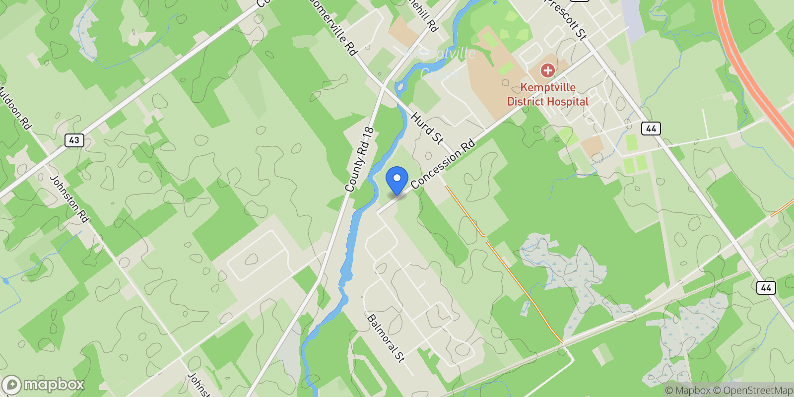 Map showing 2410 Concession Road, Kemptville, Ontario, Canada.