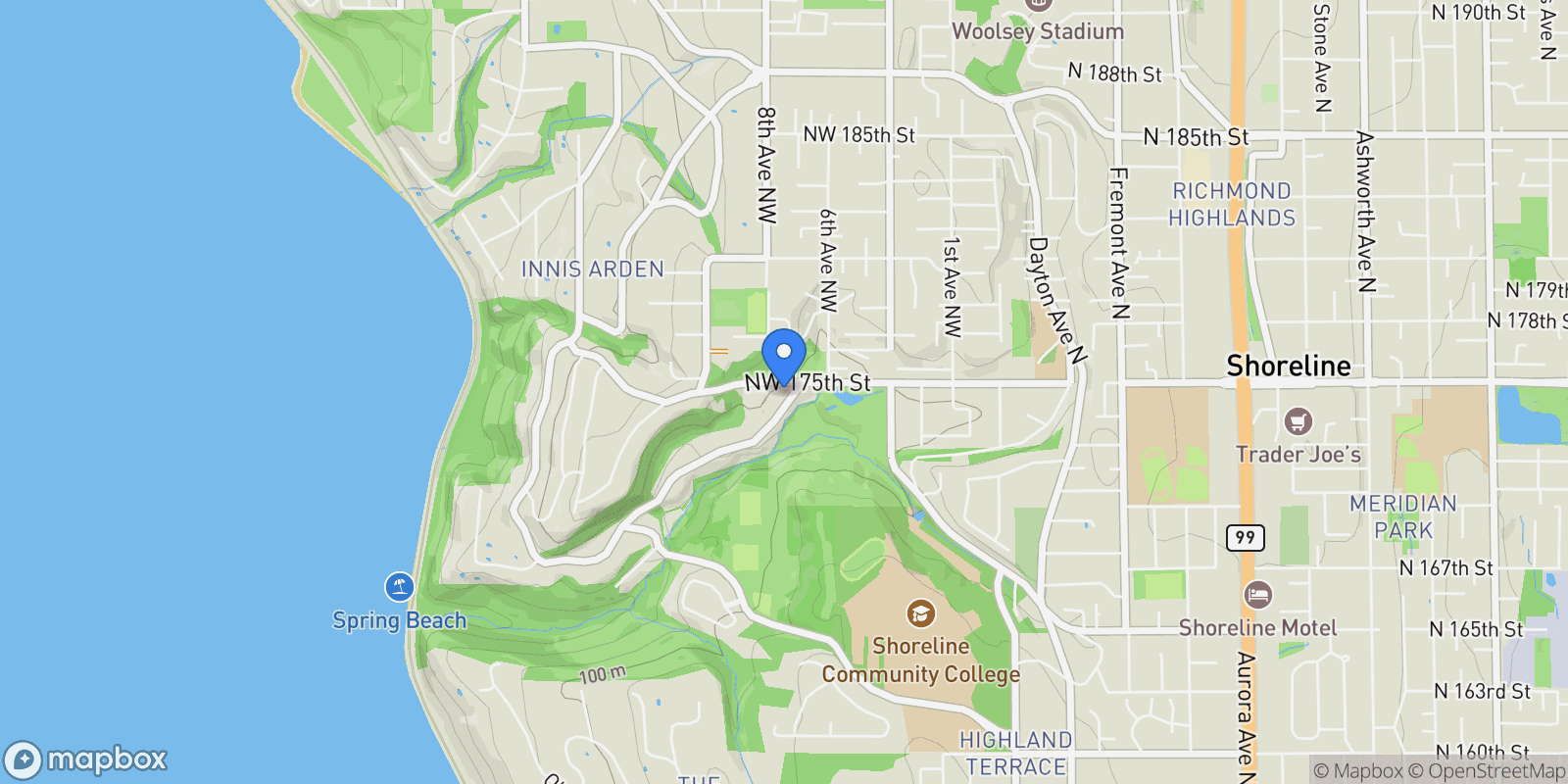 Map showing 641 NW 175th Street, Shoreline, WA 98177, Seattle, Washington, United States.