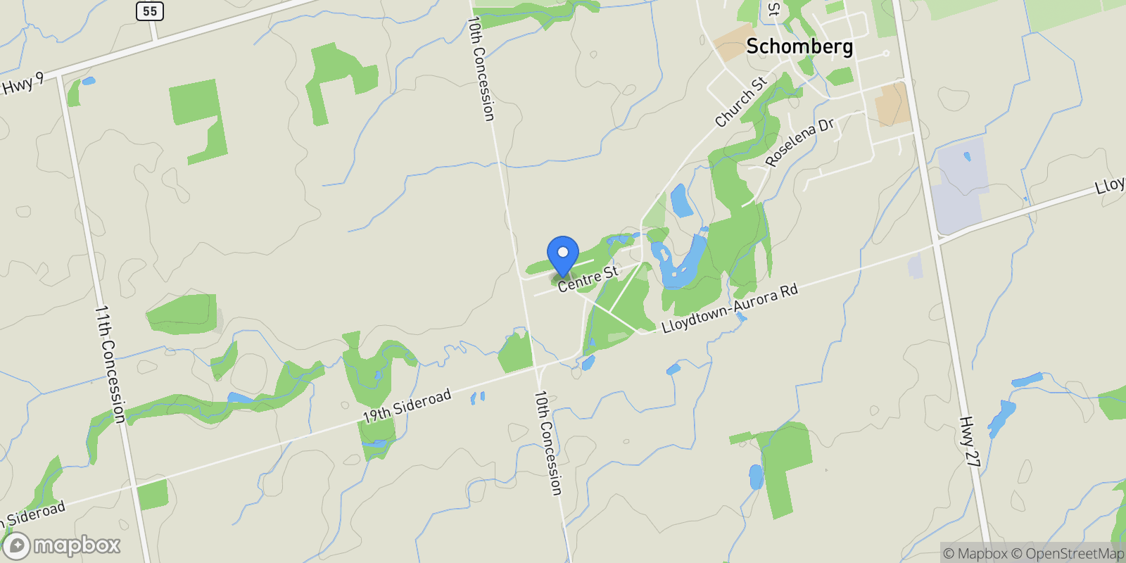 Map showing 80 Centre St, King, ON L0G 1T0, Schomberg, Ontario, Canada.