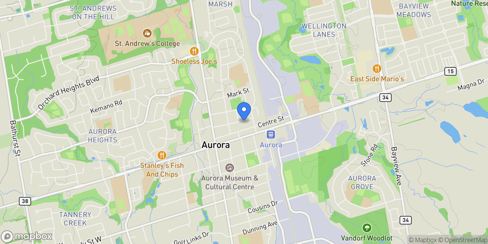 Map showing 77 Catherine Ave, Aurora, ON L4G 1K6, Aurora, Ontario, Canada.
