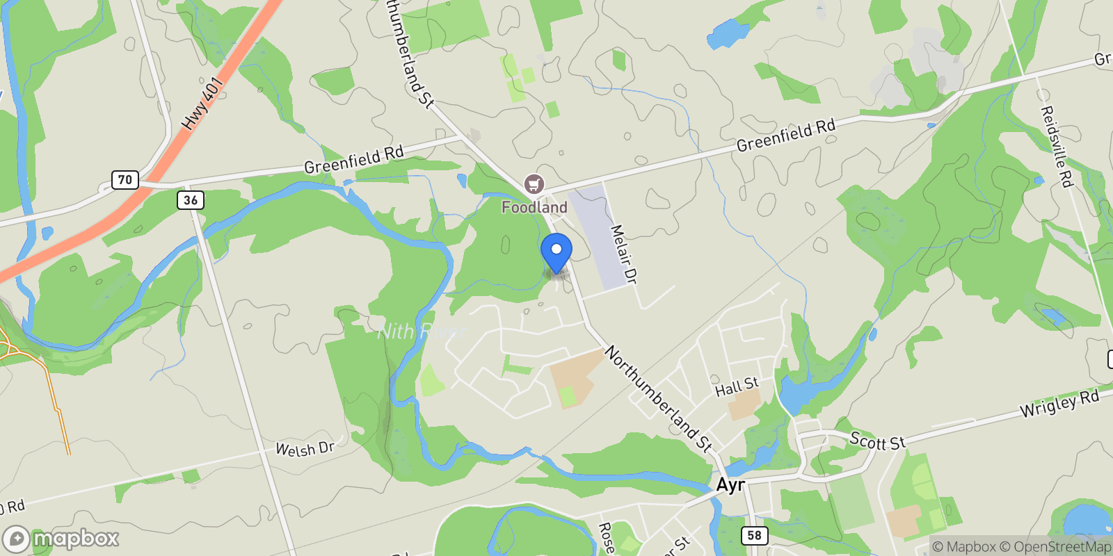 Map showing 6 Gore Estate Court, Ayr, ON N0B 1E0, Ayr, Ontario, Canada.
