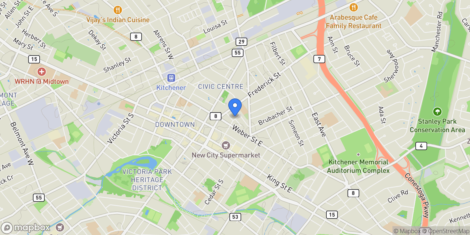 Map showing 94 Scott St, Kitchener, ON N2H 2R5, Kitchener, Ontario, Canada.