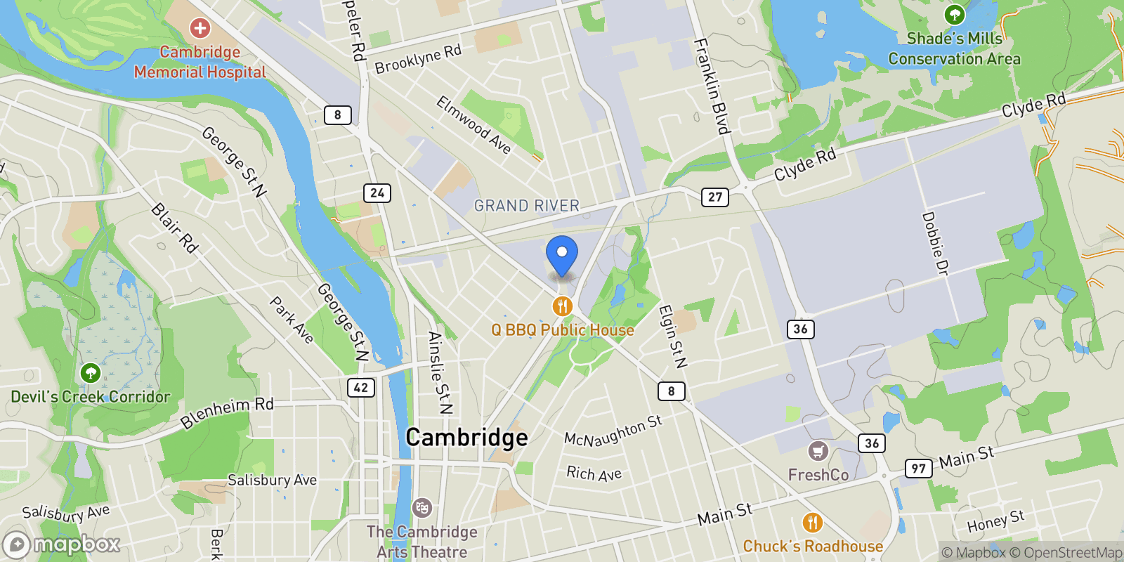 Map showing 15 Grantham Ave, Cambridge, ON N1R 4V3, Cambridge, Ontario, Canada.