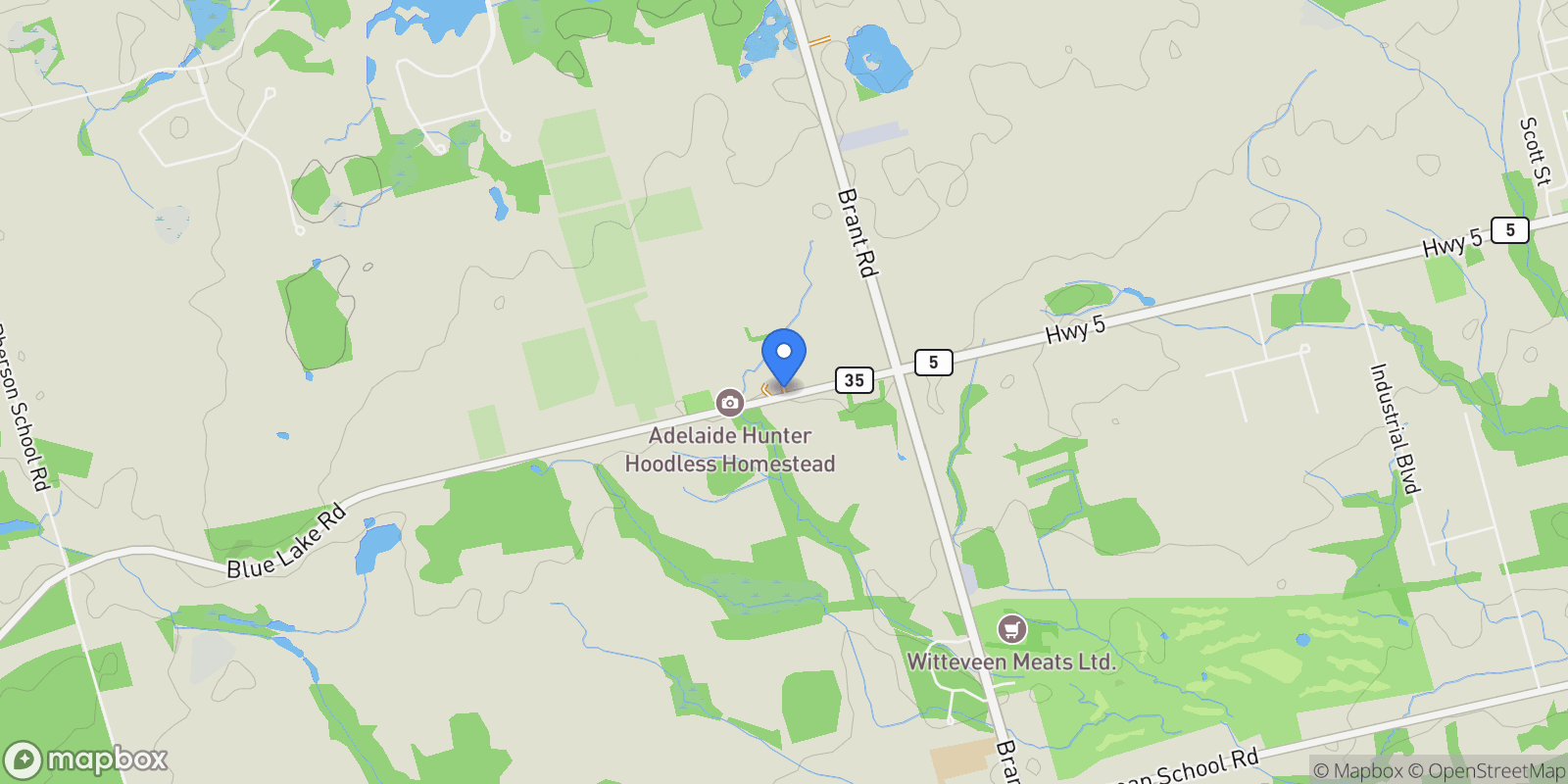 Map showing 343 Blue Lake Rd, Brant, ON N0E 1N0, Brant, Ontario, Canada.