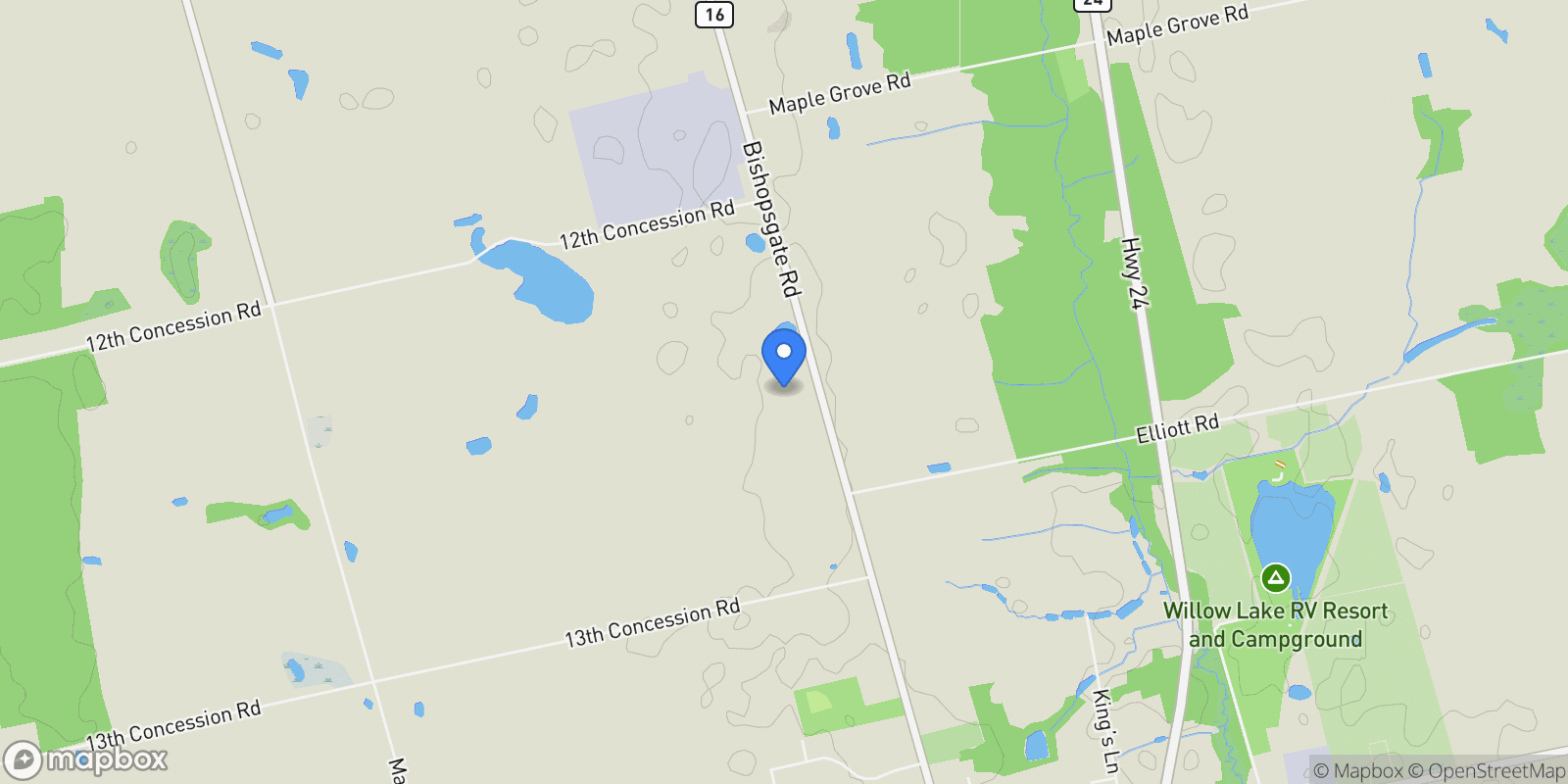 Map showing 117 Bishopsgate Road, Burford, ON N0E 1E0, Brant, Ontario, Canada.