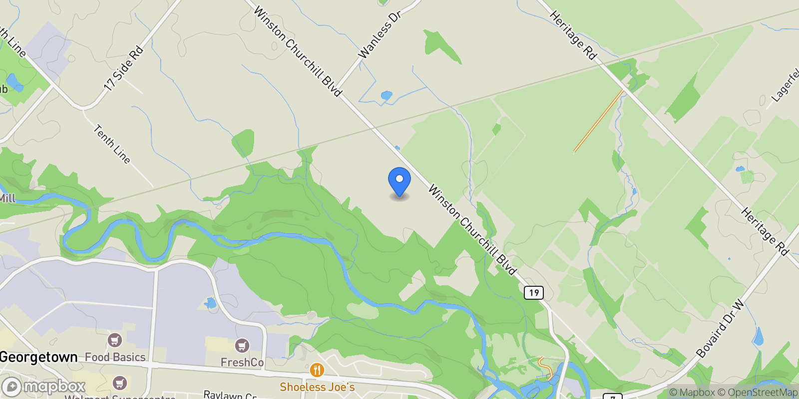 Map showing 6 Sugarbush Crt, Halton Hills, ON L7G 4S7, Halton Hills, Ontario, Canada.