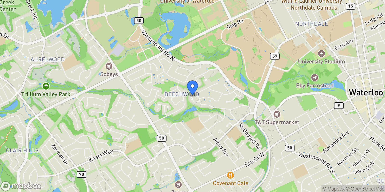 Map showing 348 Browning Place, Waterloo, ON N2L 2W3, Waterloo, Ontario, Canada.