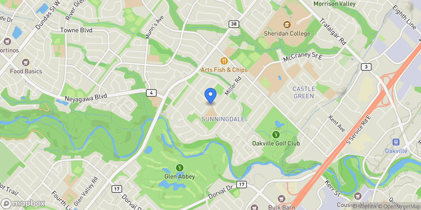 Map showing 144 Mansfield Drive, Oakville, ON L6H 1K4, Oakville, Ontario, Canada.