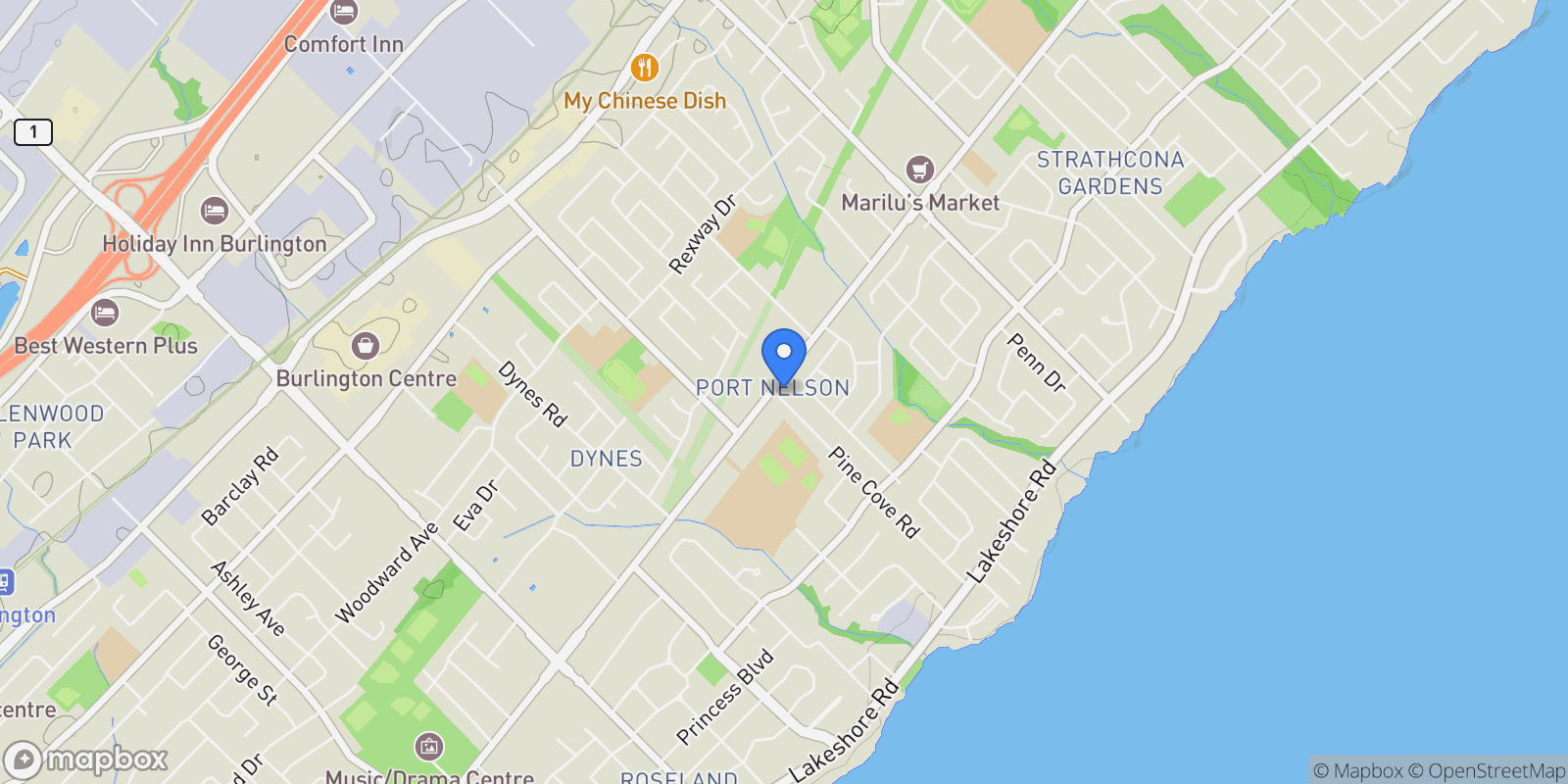 Map showing 427 Pine Cove Road, Burlington, ON L7N 1W4, Burlington, Ontario, Canada.