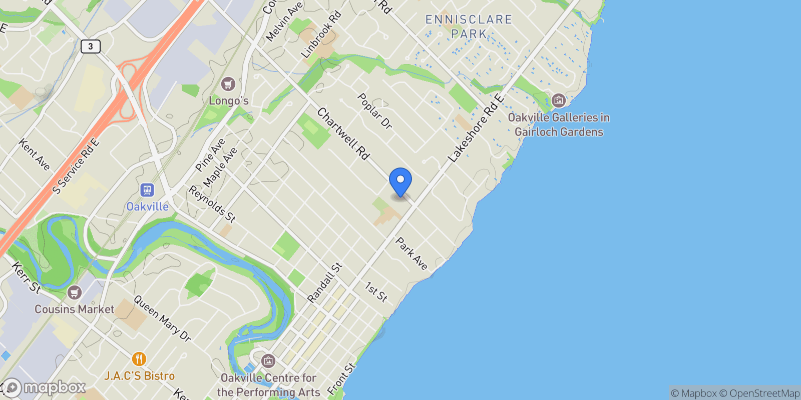 Map showing 116 Chartwell Road, Oakville, ON L6J 3Z6, Oakville, Ontario, Canada.