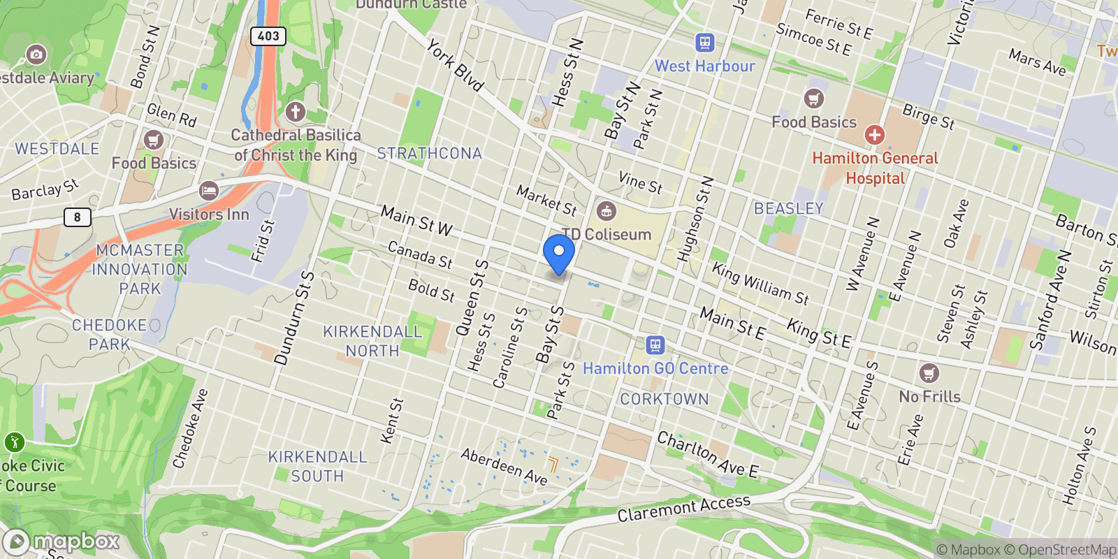 Map showing 66 Bay St S  305, Hamilton, ON L8P 4Z6, Hamilton, Ontario, Canada.