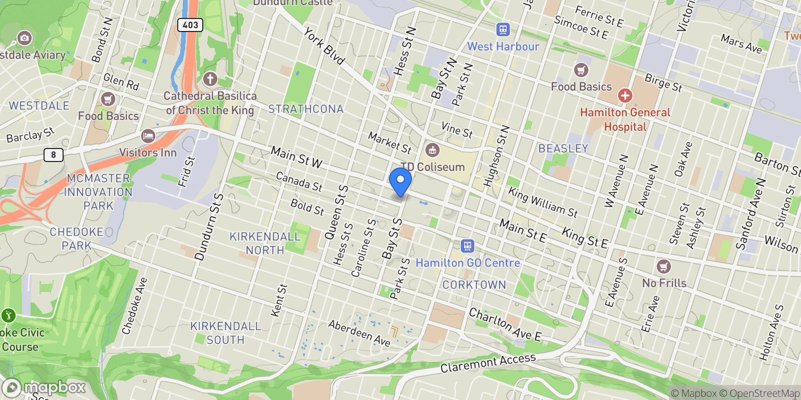 Map showing 66 Bay Street South  301, Hamilton, ON L8P 4Z6, Hamilton, Ontario, Canada.