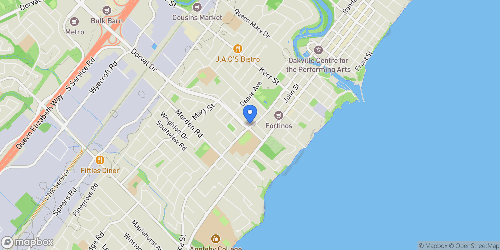 Map showing 249 Rebecca St, Oakville, ON L6K 2W4, Oakville, Ontario, Canada.