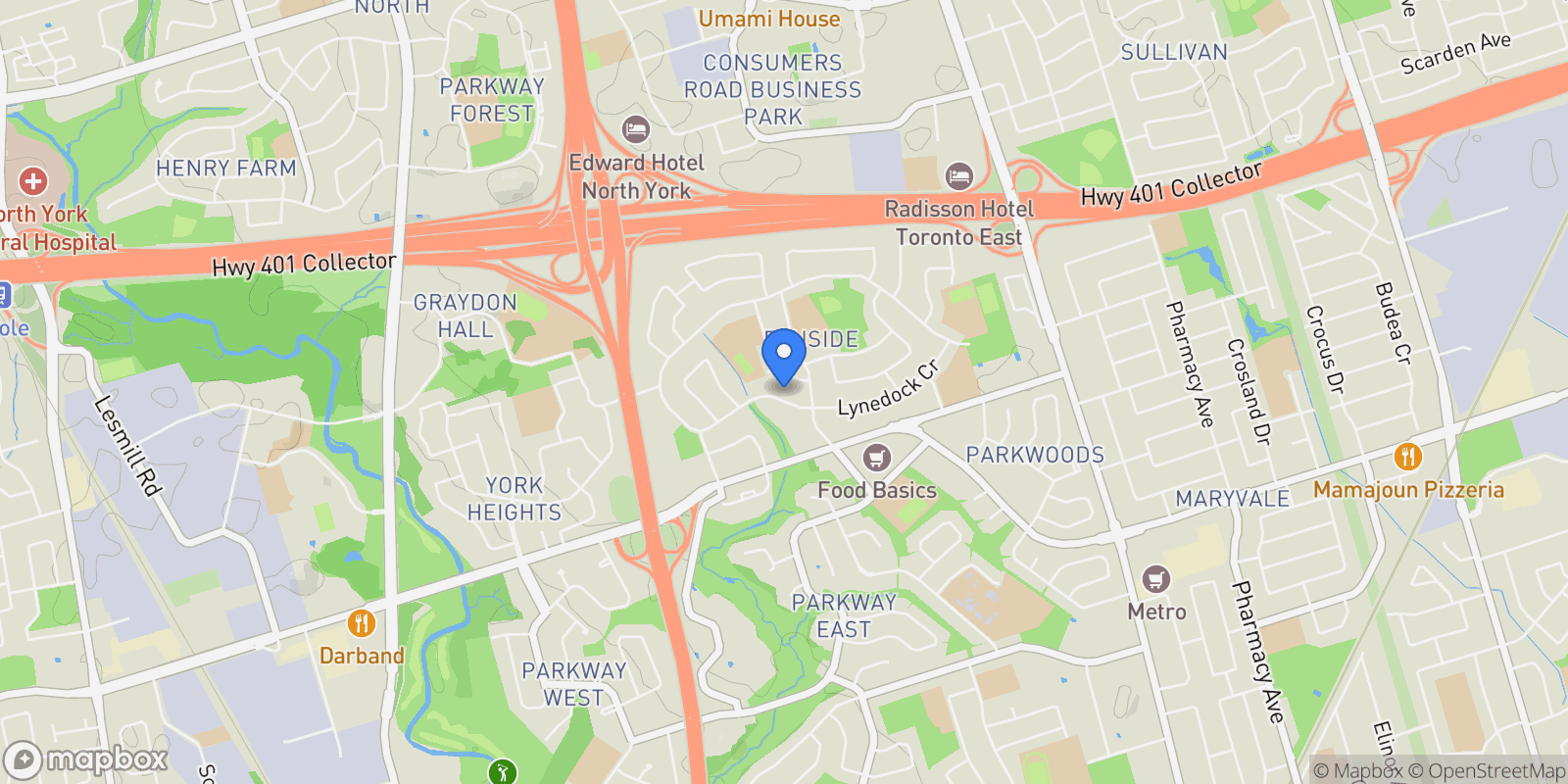 Map showing 108 Lynedock Cres, Toronto, ON M3A 2B1, Toronto, Ontario, Canada.