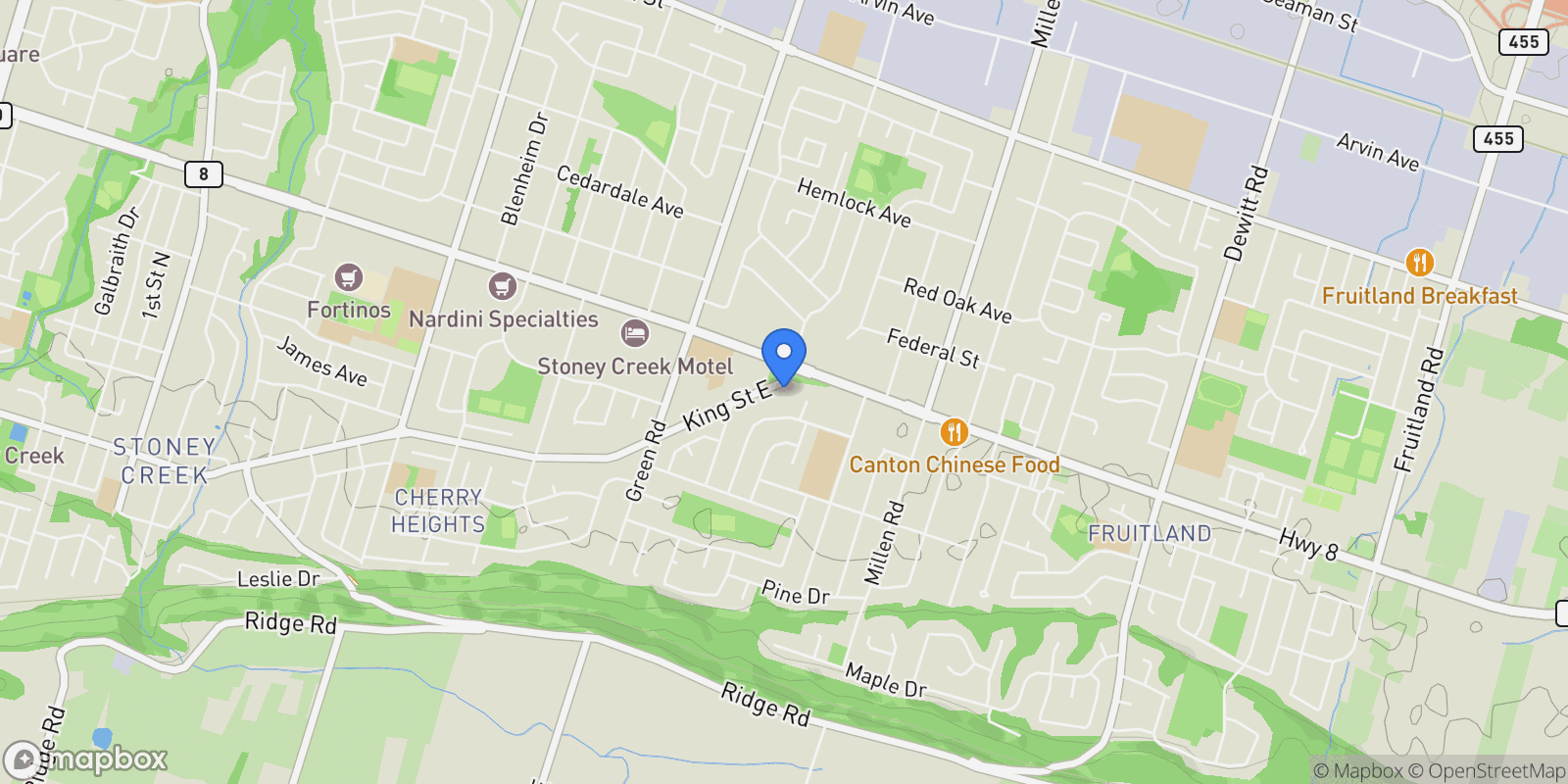 Map showing 356 King St E, Hamilton, ON L8G 1M4, Hamilton, Ontario, Canada.