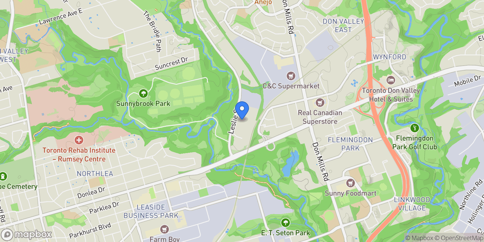 Map showing 1105 Leslie St  903, Toronto, ON M3C 4G9, Toronto, Ontario, Canada.